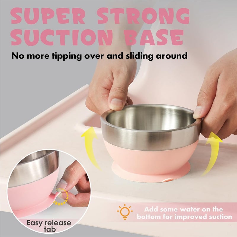 MR. CHOU Baby Suction Bowl Set with Spoon & Fork, Double-Layer 18/8 Stainless Steel Toddler Bowls with BPA Free Airtight Lid, Food Grade Infant Self-Feeding Bowl, First Stage Led Weaning Supplies Pink - Image 4